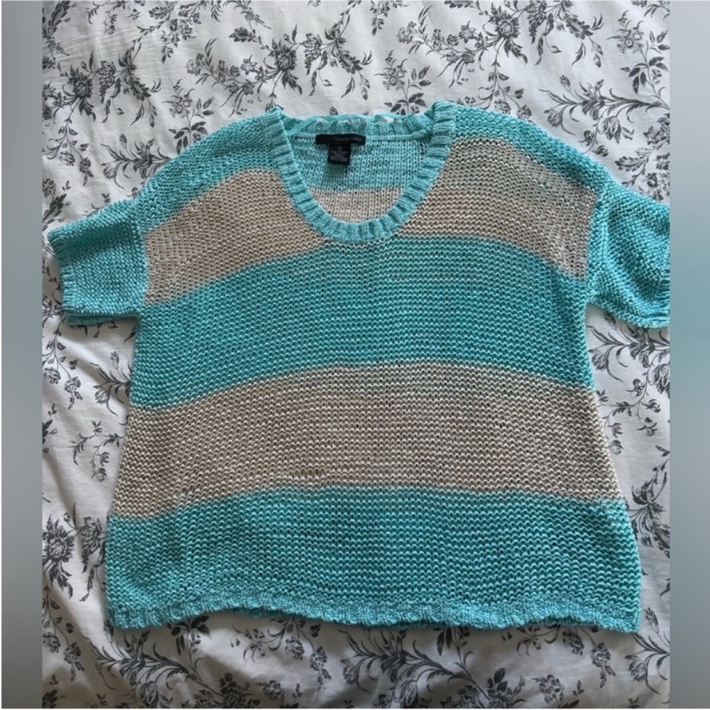 Calvin Klein Jeans Aqua and Cream Open-Knit Short Sleeve sweater